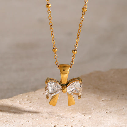 Stainless Steel Inlaid Zircon Bow Necklace Childrens