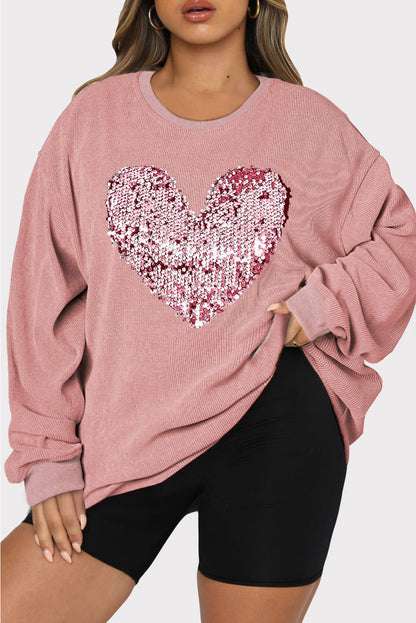Plus Size Heart Sequin Dusty Pink Round Neck Sweatshirt