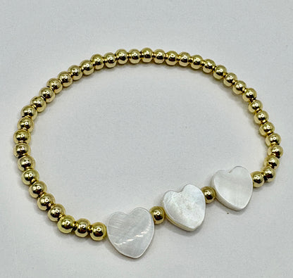 Triple White Hearts with Gold Bead Bracelet/jj/Code #12