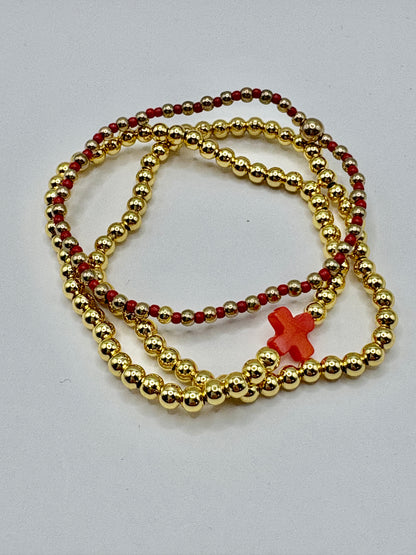 Red Cross Triple Set Beaded Bracelet/jj/Code #13