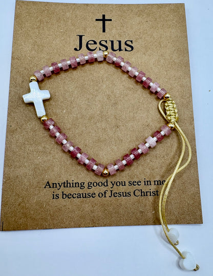 Pink Cross & Hearts Adjustable Stretch Bracelet/jj/Code #6