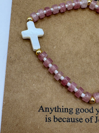 Pink Cross & Hearts Adjustable Stretch Bracelet/jj/Code #6