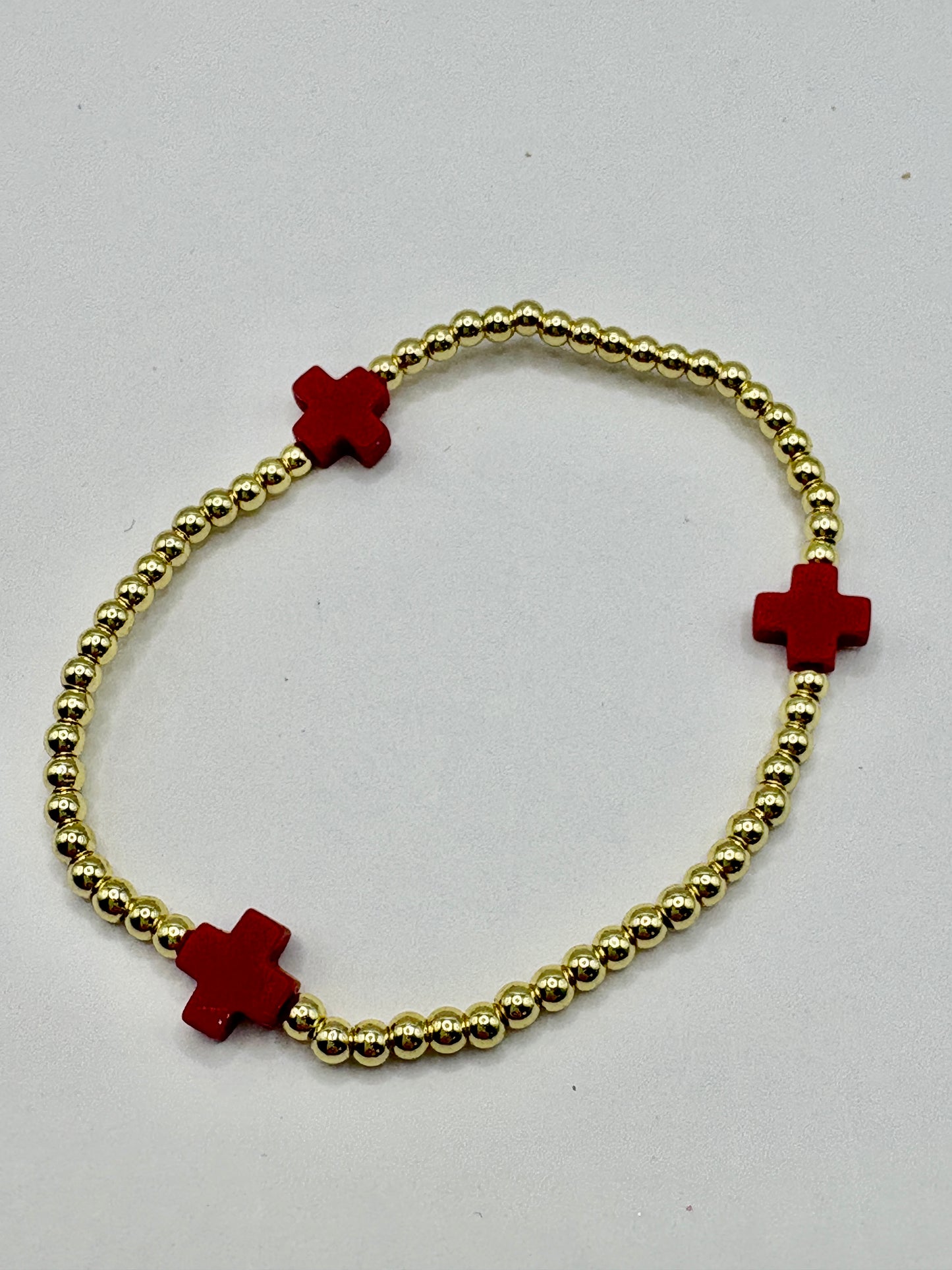 Red Cross with Gold Beads Stretch Bracelet/jj/Code #1