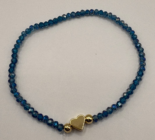 French Blue Heart Charm/3mm Beaded Stretch Bracelet/jj/ Code #8