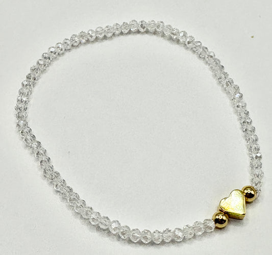 White Heart Charm/3mm Beaded Stretch Bracelet/jj/ Code #8