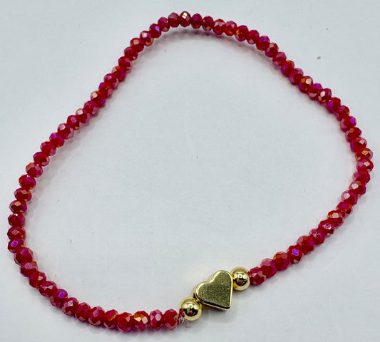 Red Heart Charm/3mm Beaded Stretch Bracelet/jj/ Code #8