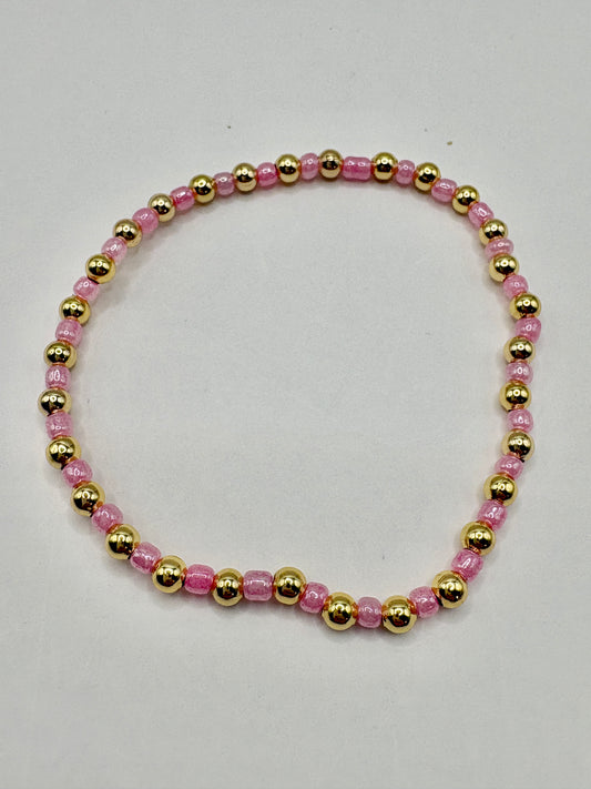Pink & Gold Beaded Stretch Bracelet/jj/Code #4