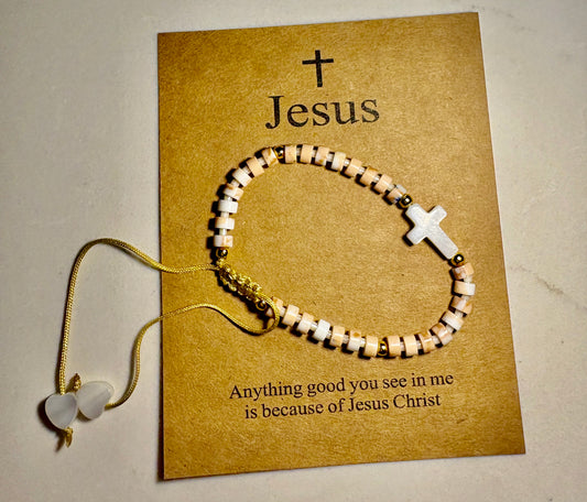 Natural Cross & Hearts Adjustable Stretch Bracelet/jj/Code #7