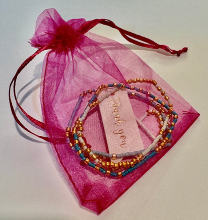 White Heart Charm/3mm Beaded Stretch Bracelet/jj/ Code #8