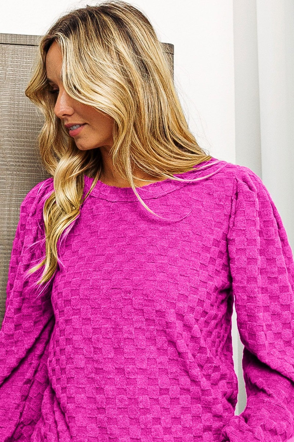 BiBi Round Neck Brushed Checker Top nt